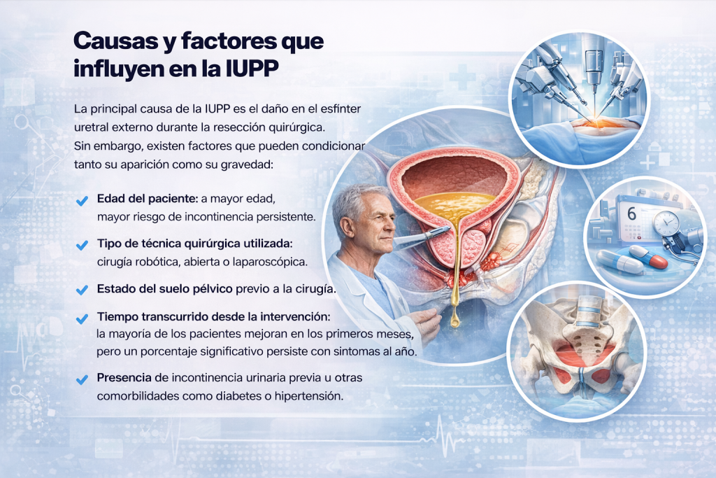 Infografía sobre las causas y factores que influyen en la incontinencia urinaria post-prostatectomía, incluyendo edad, técnica quirúrgica, tiempo desde la cirugía y comorbilidades