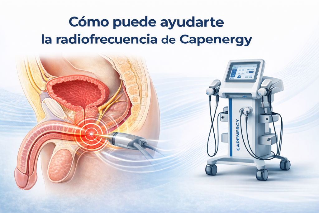 Ilustración médica de radiofrecuencia Capenergy aplicada en la región pélvica masculina tras prostatectomía