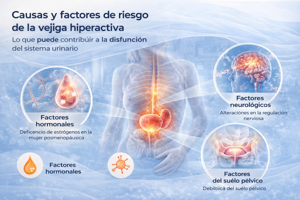 Infografía sobre las causas y factores de riesgo de la vejiga hiperactiva, incluyendo factores hormonales, neurológicos y del suelo pélvico