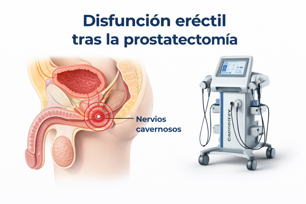 Ilustración médica sobre disfunción eréctil tras la prostatectomía con nervios cavernosos y equipo de radiofrecuencia