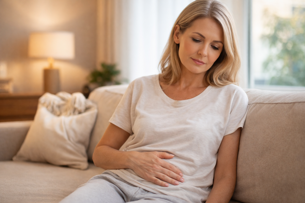 Mujer reflexiva con la mano en el abdomen bajo representando la conciencia sobre el dolor pélvico crónico y la importancia de buscar tratamiento especializado