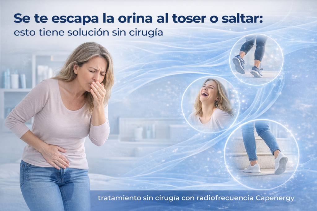 Imagen promocional sobre incontinencia urinaria de esfuerzo en la mujer y su tratamiento sin cirugía con radiofrecuencia