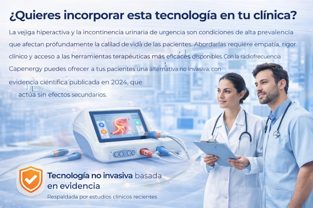 Imagen promocional para clínicas sobre el tratamiento de la vejiga hiperactiva e incontinencia urinaria de urgencia con tecnología no invasiva de Capenergy