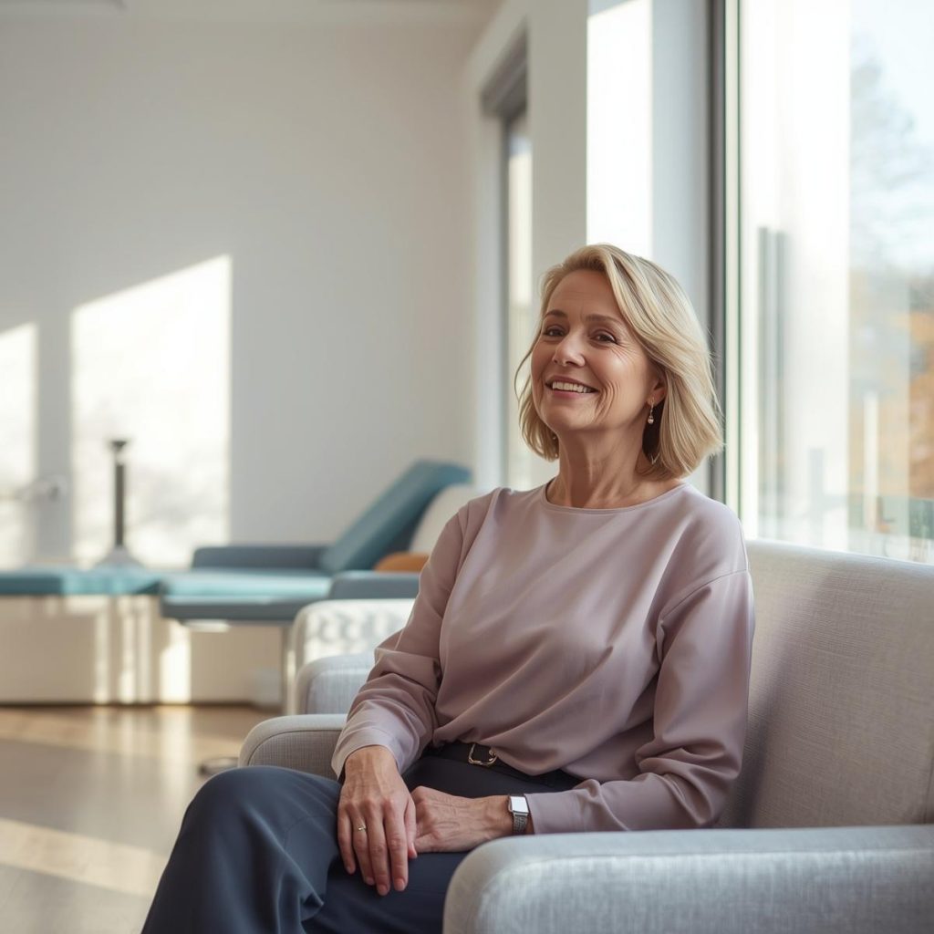 Mujer madura sonriente en consulta de fisioterapia de suelo pélvico representando la recuperación del prolapso de órganos pélvicos