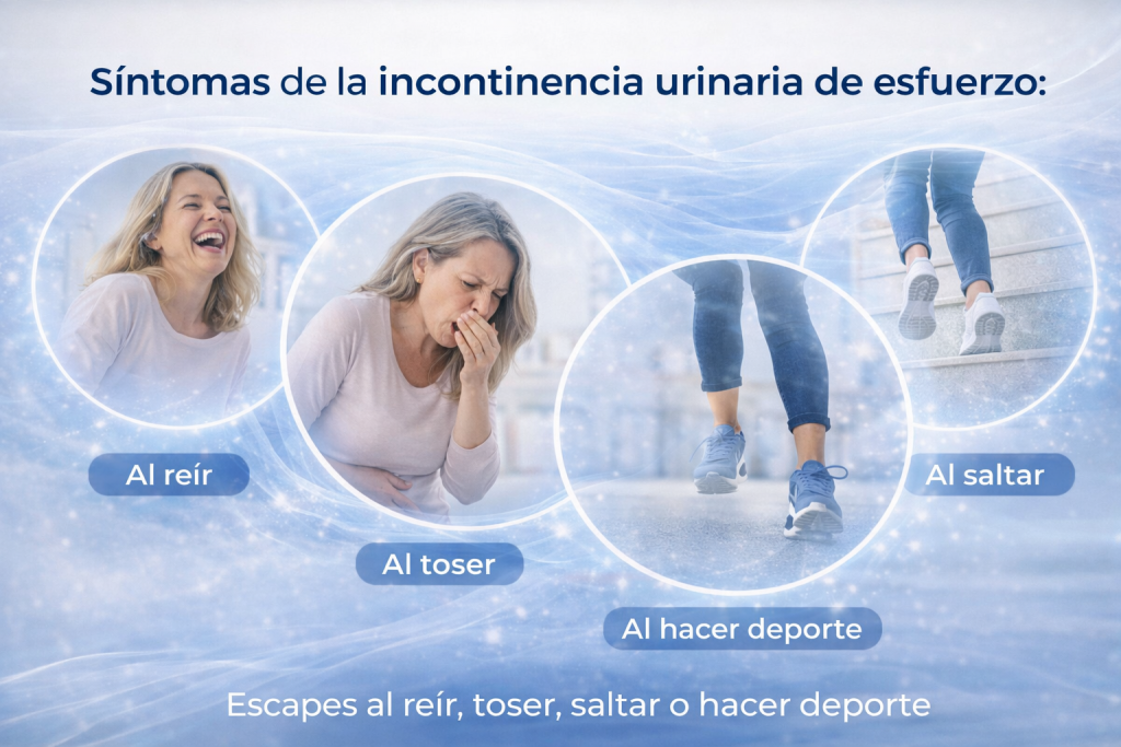 Infografía sobre los síntomas de la incontinencia urinaria de esfuerzo, mostrando escapes de orina al reír, toser, saltar o hacer deporte