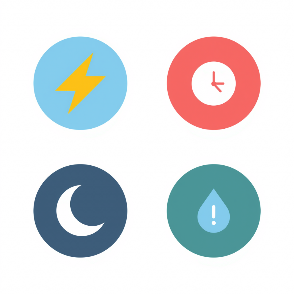 Infografia con los cuatro sintomas cardinales de la vejiga hiperactiva: urgencia miccional, frecuencia aumentada, nocturia e incontinencia de urgencia