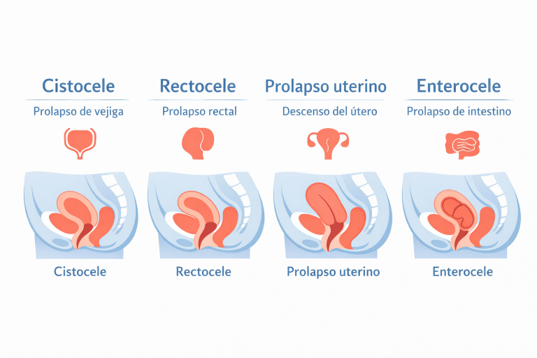 Infografía educativa que muestra los cuatro tipos de prolapso de órganos pélvicos: cistocele, rectocele, prolapso uterino y enterocele