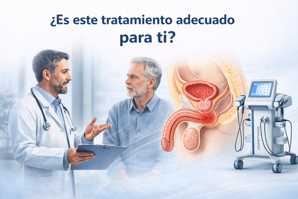 Consulta médica sobre tratamiento tras prostatectomía con apoyo de imagen anatómica pélvica y equipo de radiofrecuencia