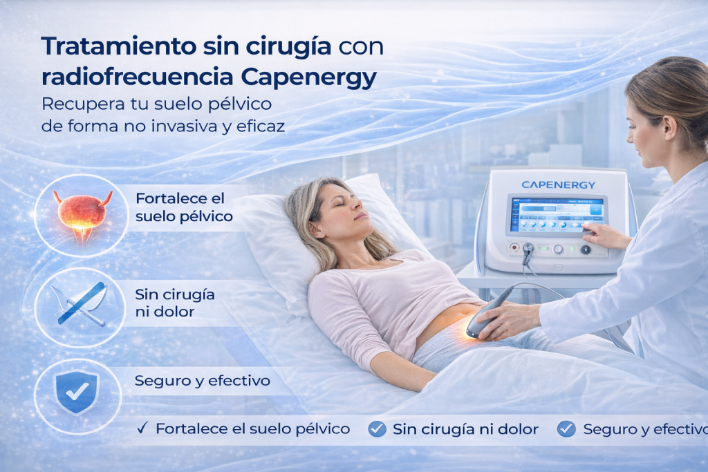 Imagen promocional sobre tratamiento sin cirugía para la incontinencia urinaria de esfuerzo con radiofrecuencia y fortalecimiento del suelo pélvico