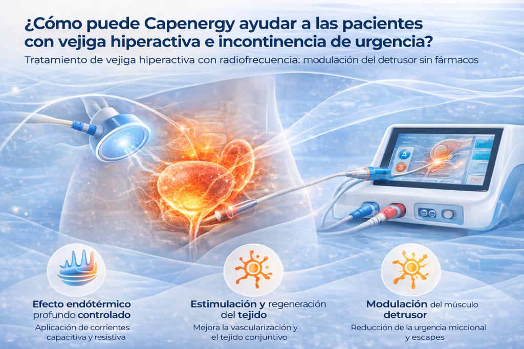 Ilustración del tratamiento de la vejiga hiperactiva e incontinencia urinaria de urgencia con radiofrecuencia, mostrando modulación del detrusor y efecto terapéutico no invasivo