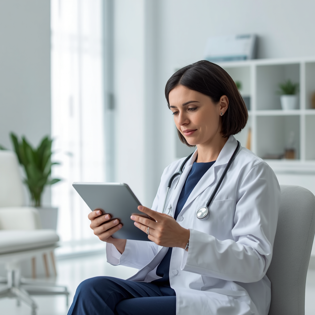 Urologa revisando datos clinicos de paciente con vejiga hiperactiva en consulta moderna equipada con tecnologia Capenergy