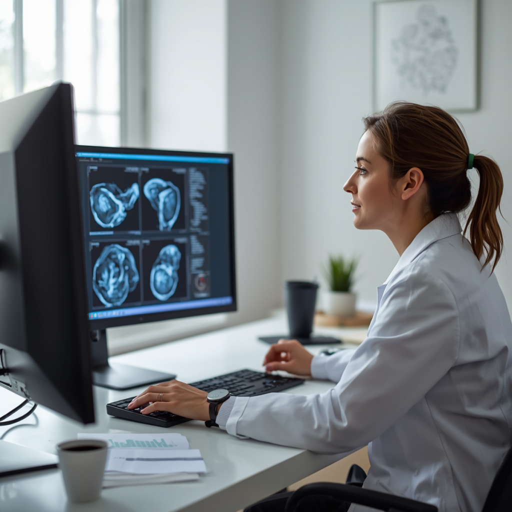 Urologa revisando resultados clinicos de paciente con cistitis intersticial en consulta moderna equipada con tecnologia diagnostica avanzada