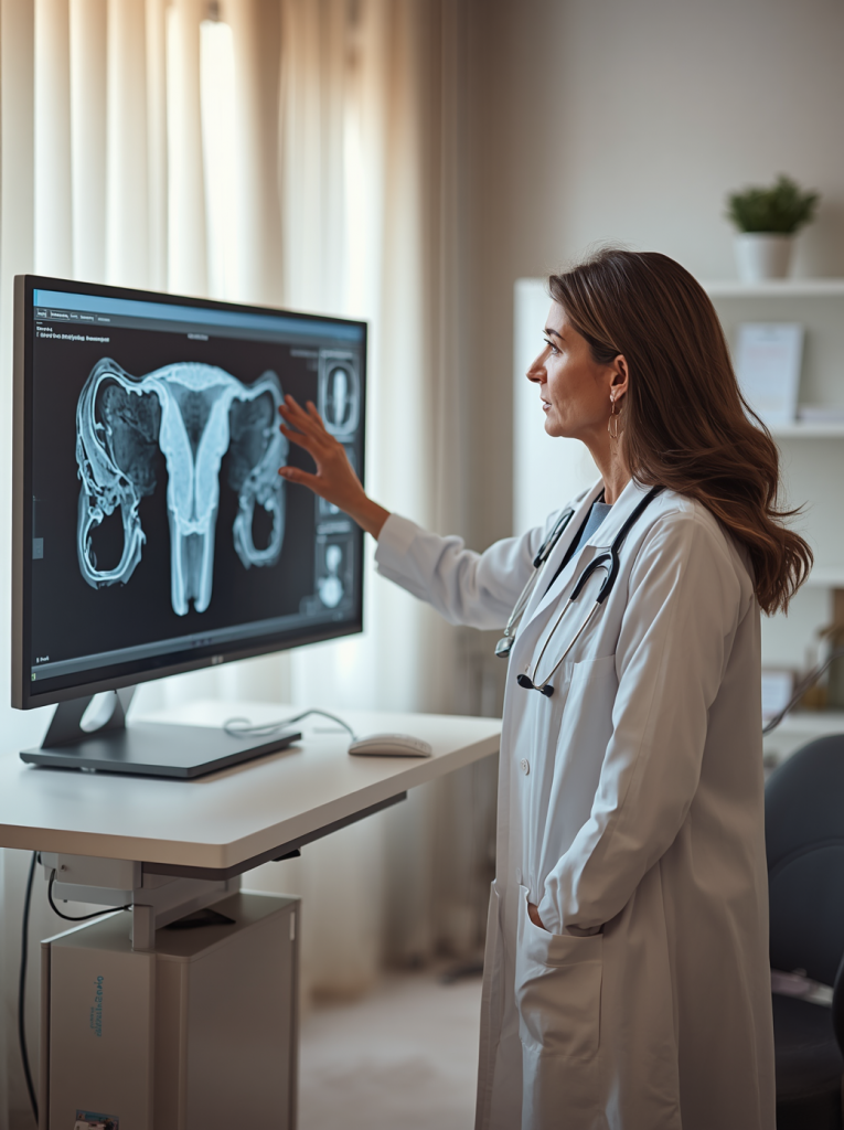Ginecologa revisando datos clinicos de paciente con endometriosis y disfuncion del suelo pelvico en consulta moderna