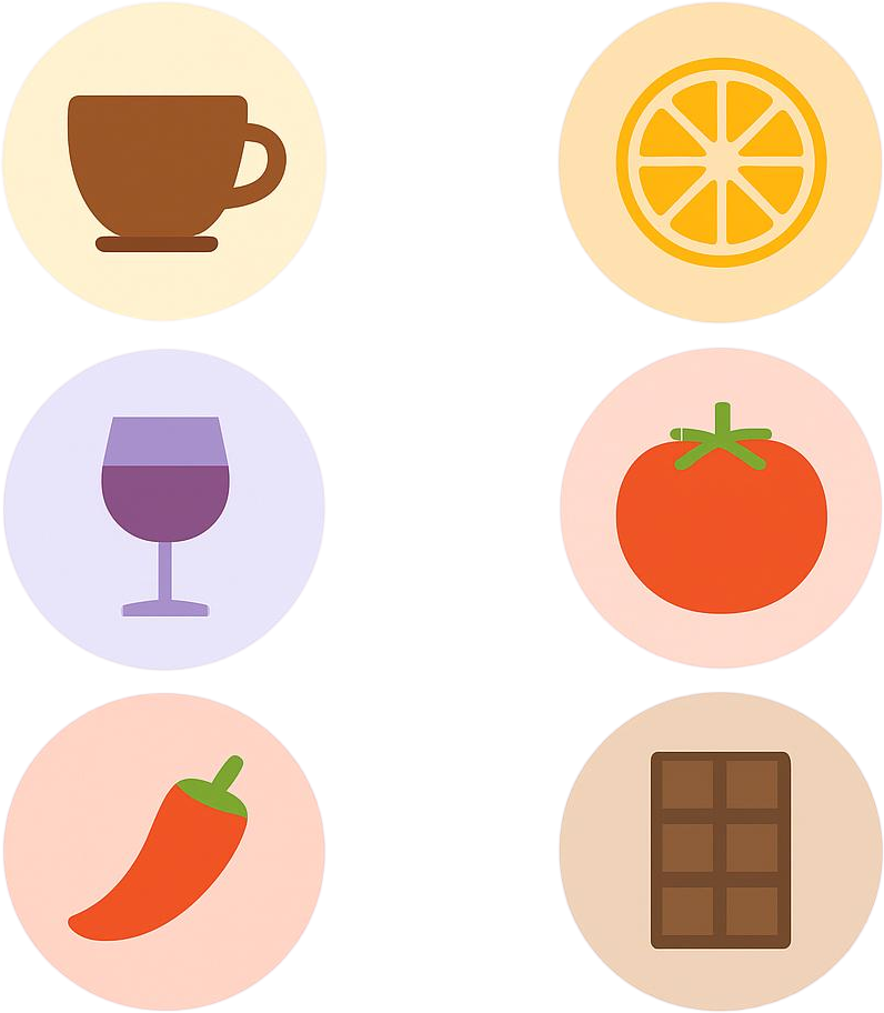 : Infografia con los 8 factores dietarios agravantes de la cistitis intersticial: cafeina, alcohol, citricos, tomate, picantes, edulcorantes, chocolate y bebidas carbonatadas