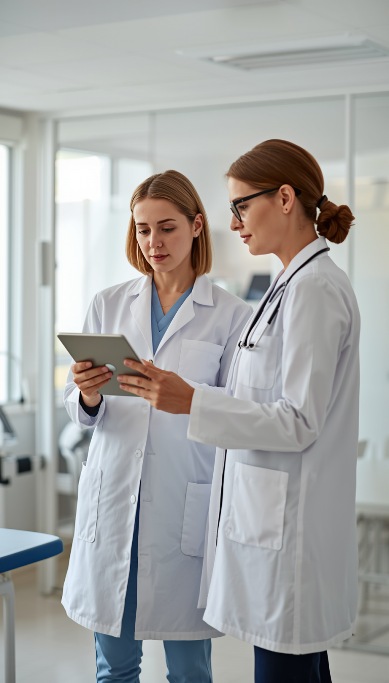 Fisioterapeutas especializadas en suelo pelvico revisando protocolo de tratamiento para pacientes con endometriosis en clinica moderna