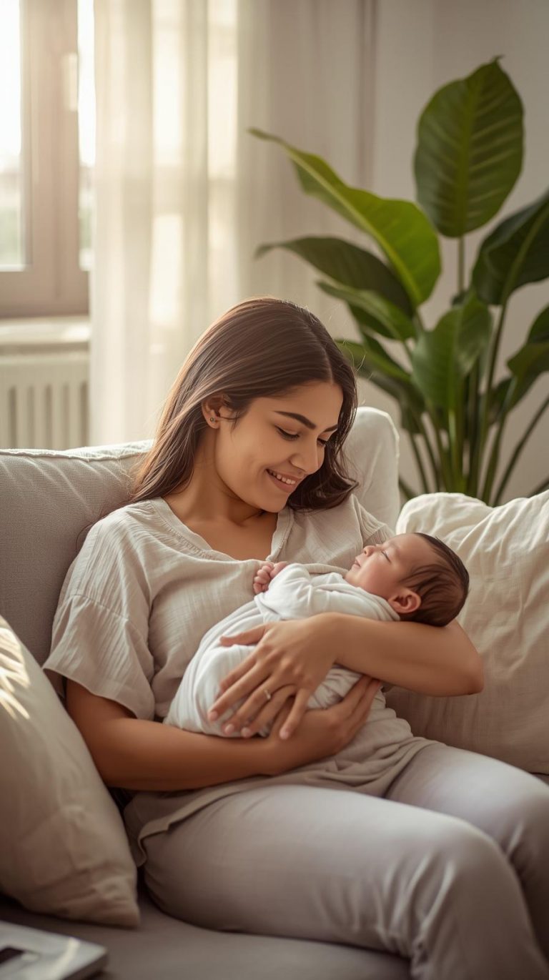 Madre reciente con su bebé representando la importancia de la recuperación del suelo pélvico tras el parto para prevenir la incontinencia urinaria postparto