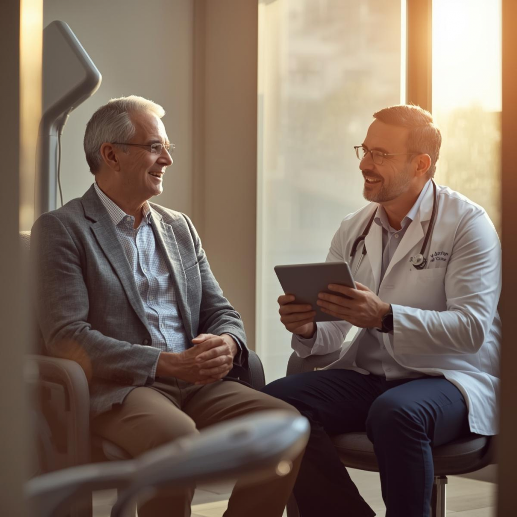 Doctor discussing post-prostatectomy urinary incontinence risk factors and treatment options with a male patient in a modern consultation room