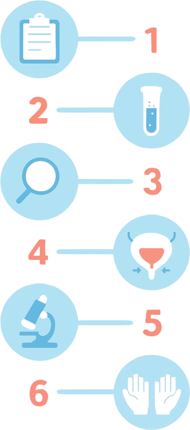 Infografia con los seis pasos del protocolo diagnostico de la cistitis intersticial: historia clinica, urocultivo, cistoscopia, distension vesical, biopsia y valoracion del suelo pelvico