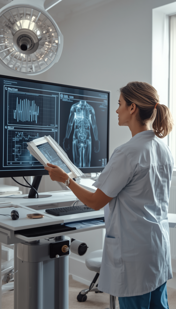Cirujana ginecologa revisando datos postoperatorios de paciente tras histerectomia en consulta moderna equipada con tecnologia de rehabilitacion avanzada