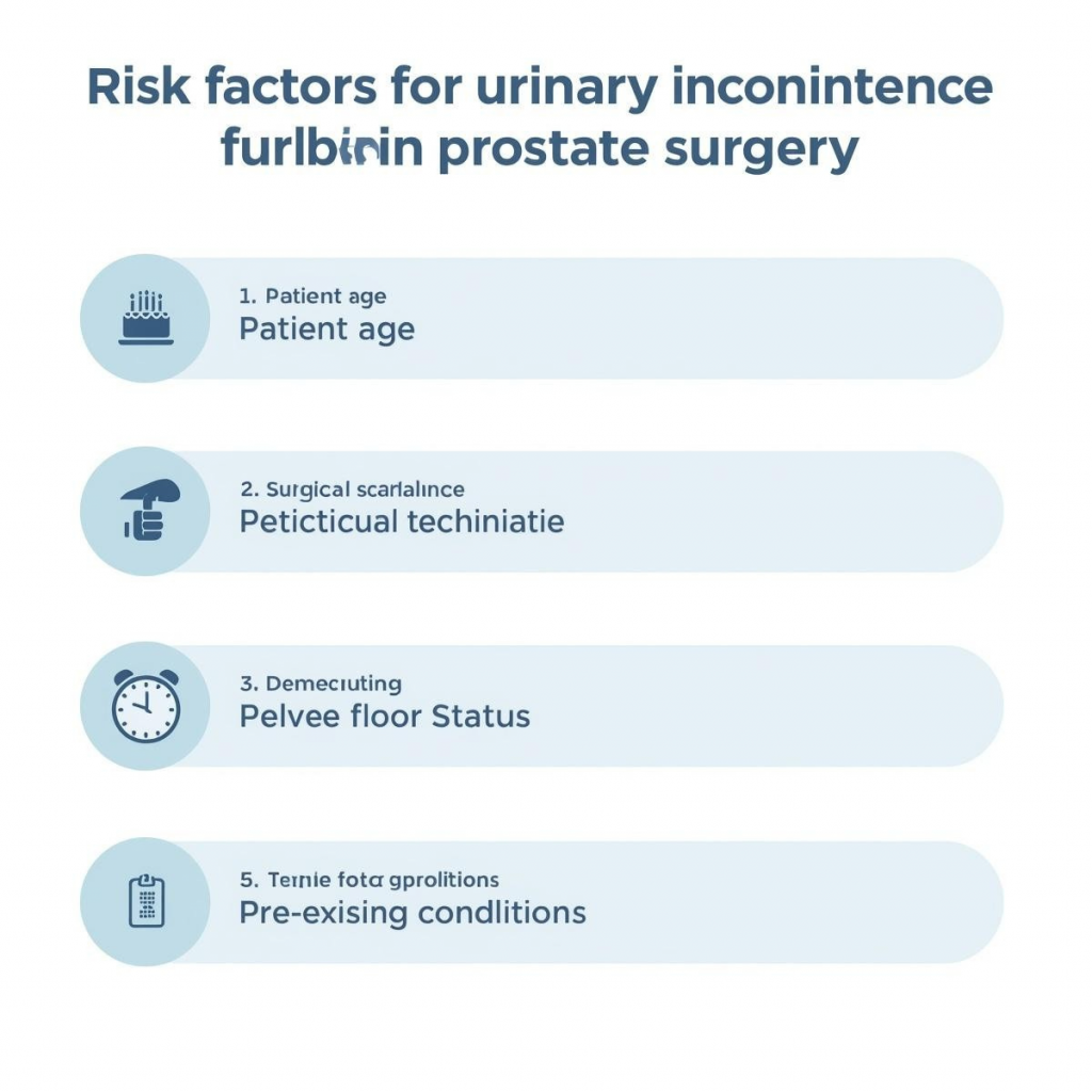 Infographic showing five risk factors for urinary incontinence after radical prostatectomy including age, surgical technique and pelvic floor status