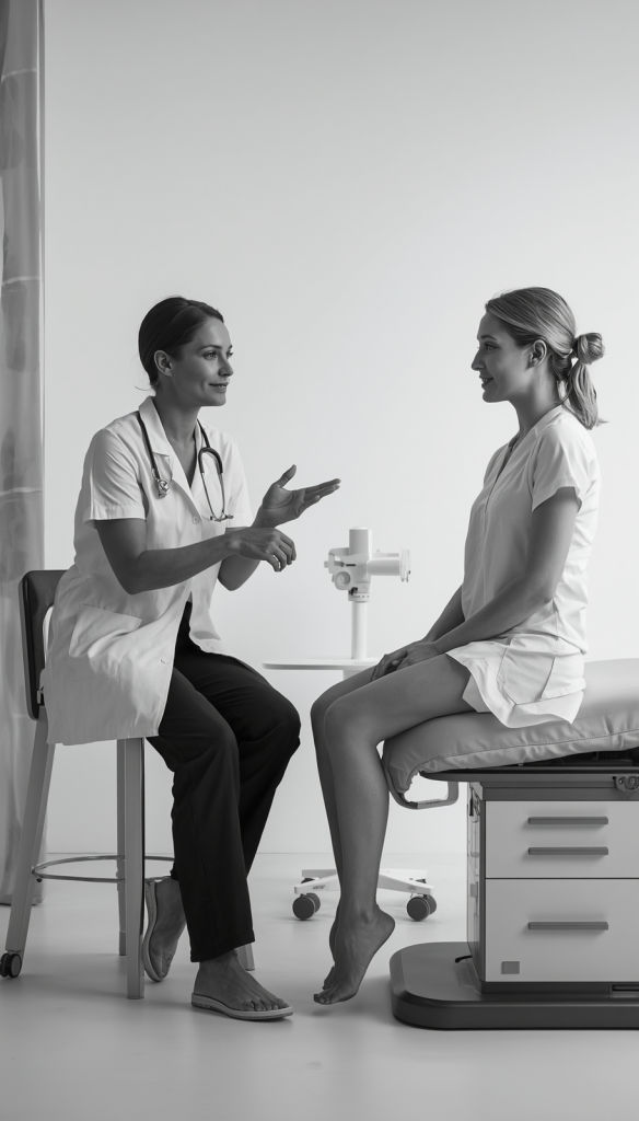 Healthcare professional discussing lipedema and lymphatic drainage in a clinical setting