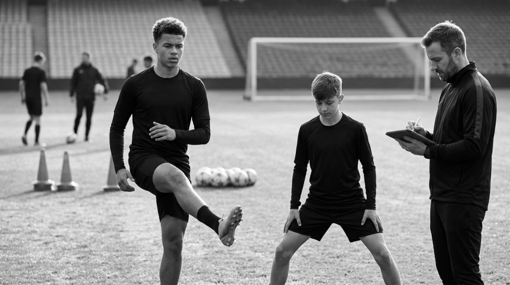 Futbolistas juveniles con diferente nivel de maduración durante un entrenamiento de fútbol base